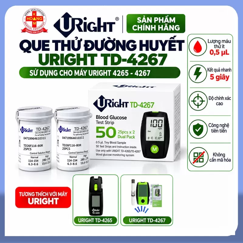 Que thử đường huyết Uright, que thử dùng máy Uright TD4265, TD4267